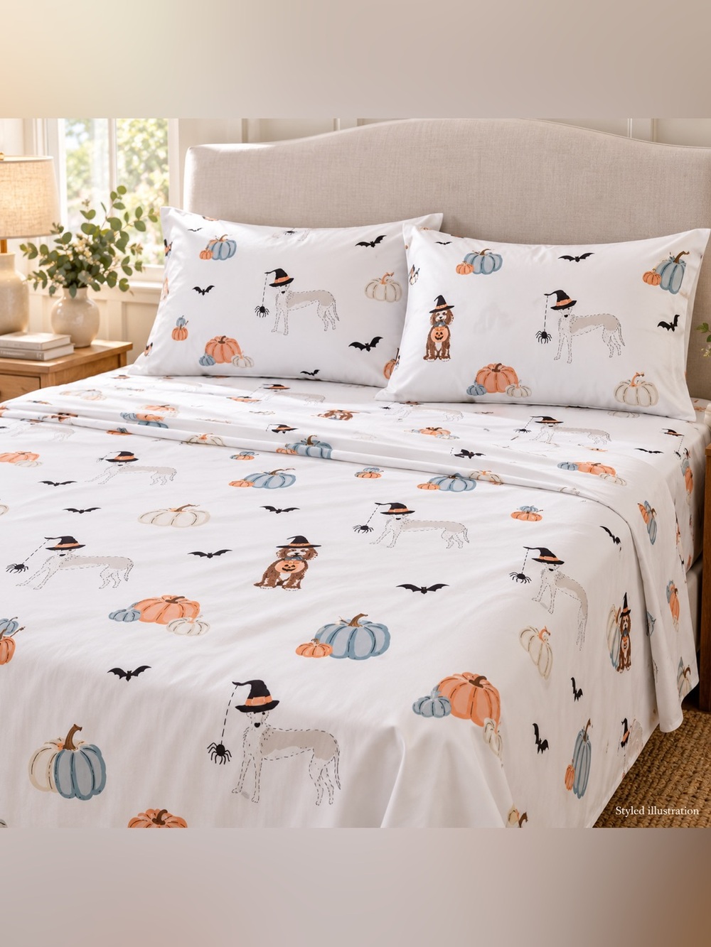 Halloween Sophie Allport Paws & Pumpkin Queen Sheet Set 100% Cotton Dogs